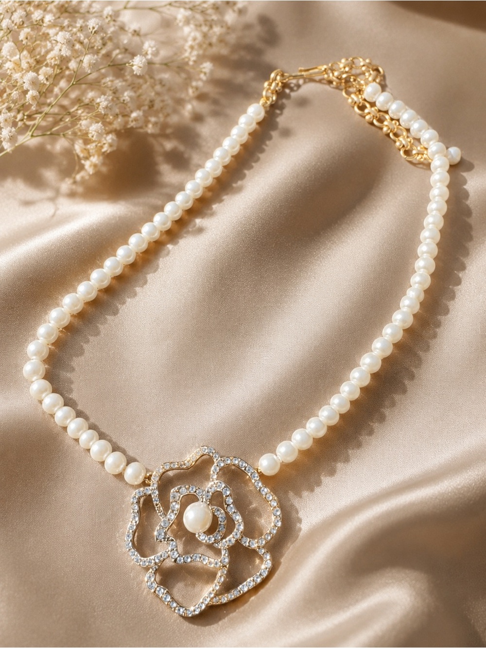 Heidi Daus Gold & White Pearl Floral Statement Necklace